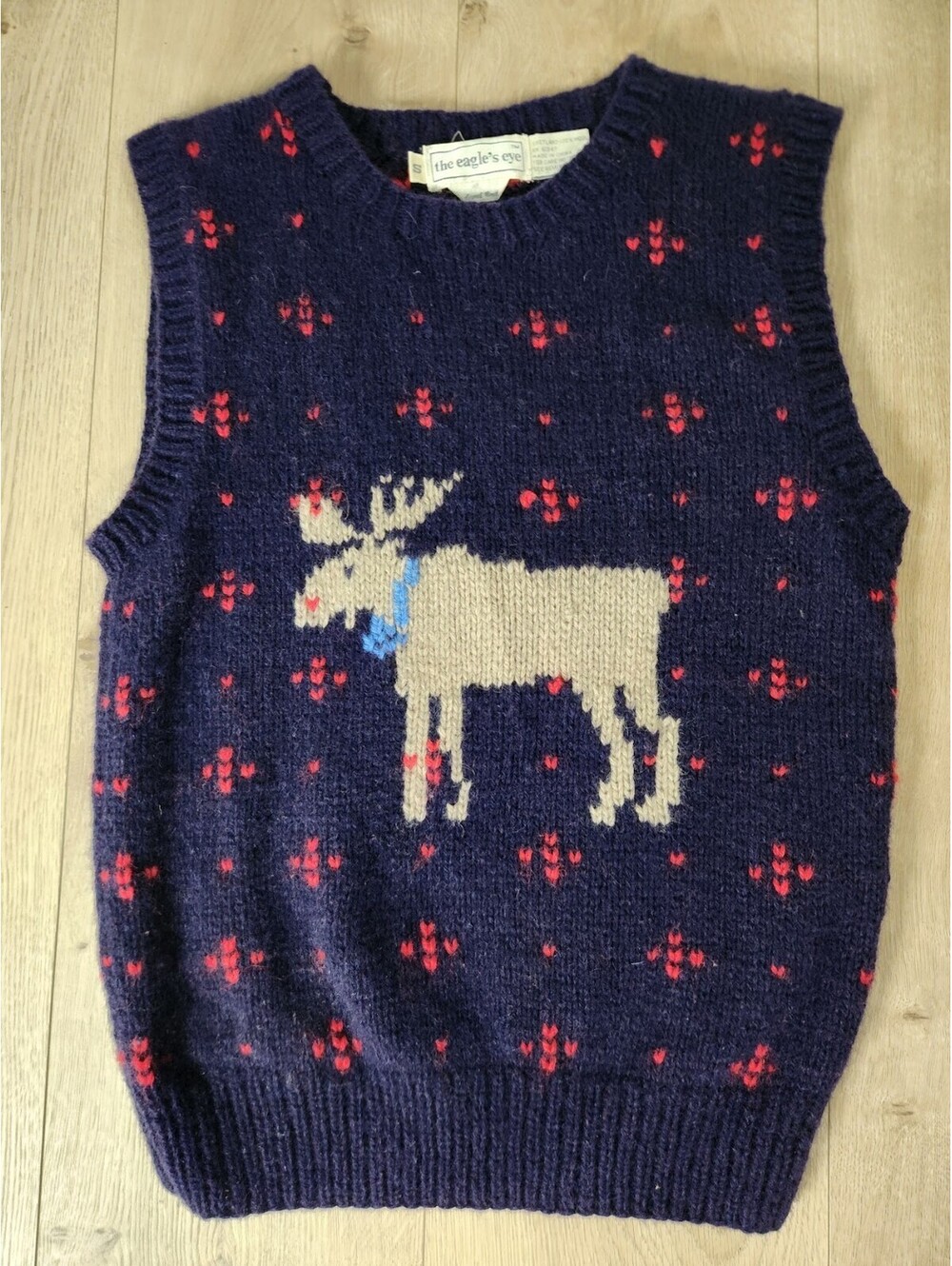 VTG Eagles Eye Birdseye Moose Blue Sweater Vest Shetland Wool Handknit 80s Sz S